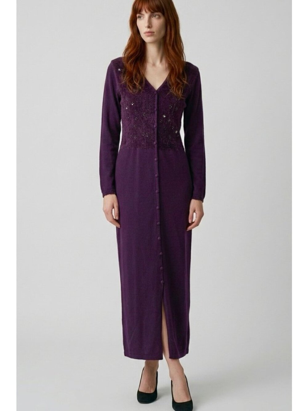 VTG 90s Carole Little Embroidered Button Front Maxi Dress Sz L Knit Whimsigoth